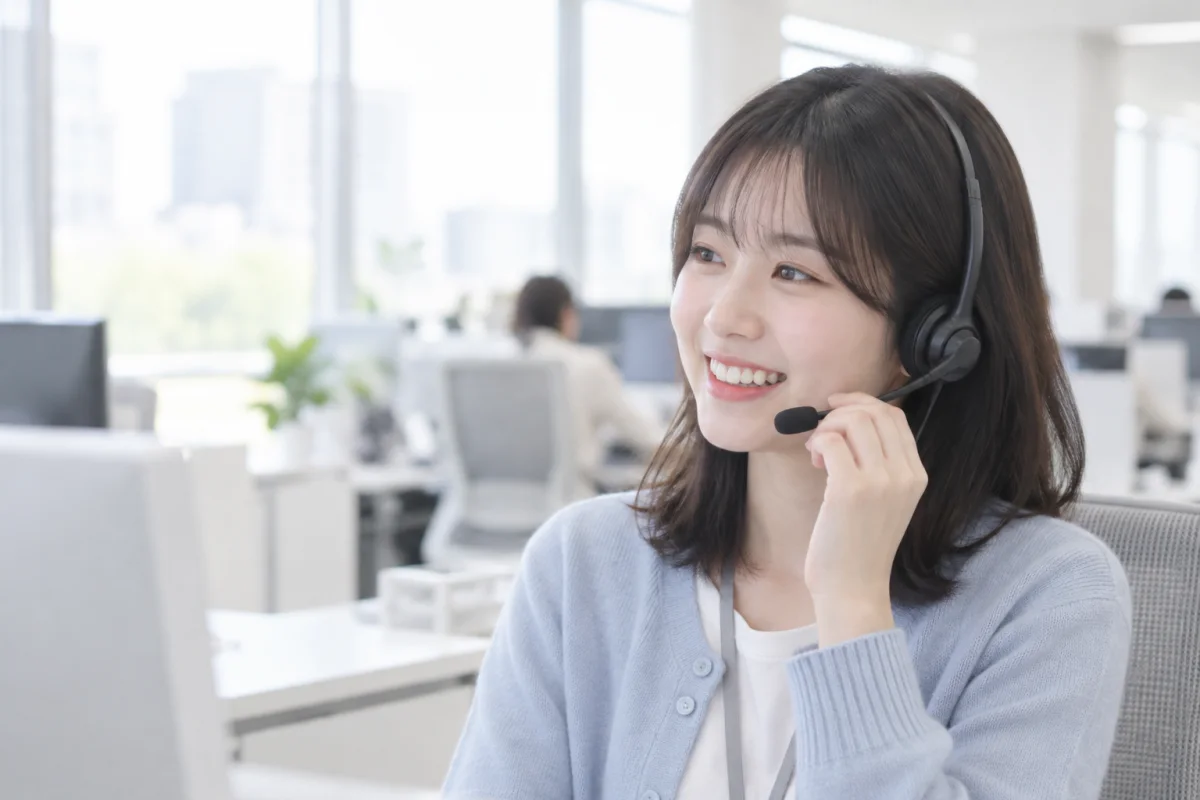 헤드셋 마이크를 잡고 밝게 웃으며 상담하는 고객센터 상담원